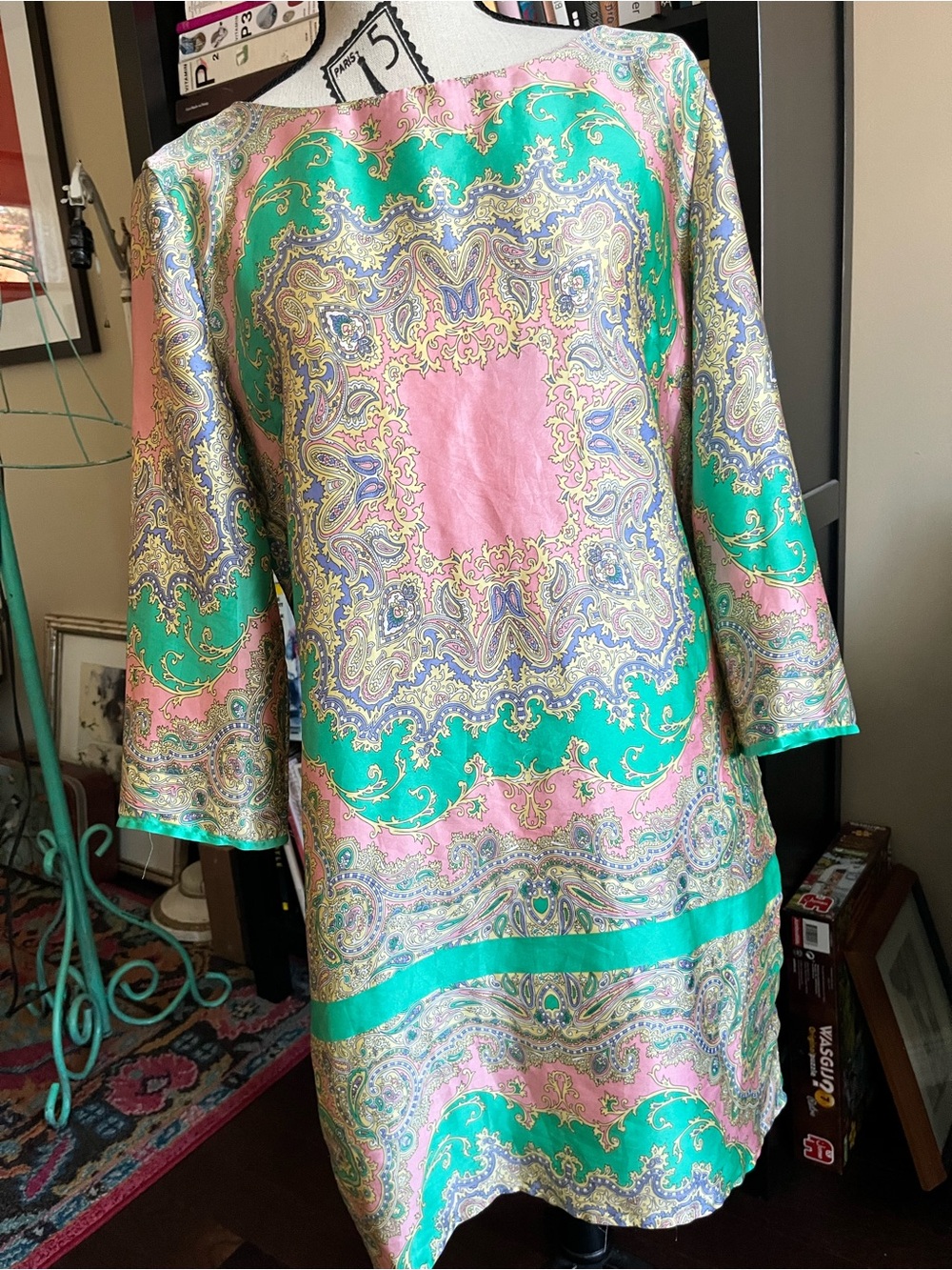 Lulu Love Green & Pink Paisley Silk-Effect Shift Dress